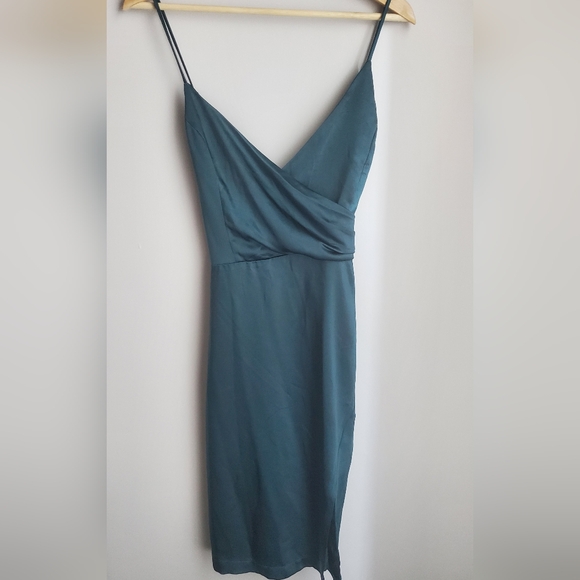NWT Lulu's Hot Night Out Teal Green Satin Surplice Faux-Wrap Dress - Picture 3 of 4